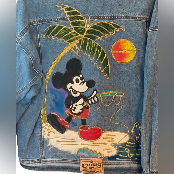 Chili’s Sz M Blue Denim HandPainted Mickey Mouse Artwork Jean Jacket - Picture 3 of 6